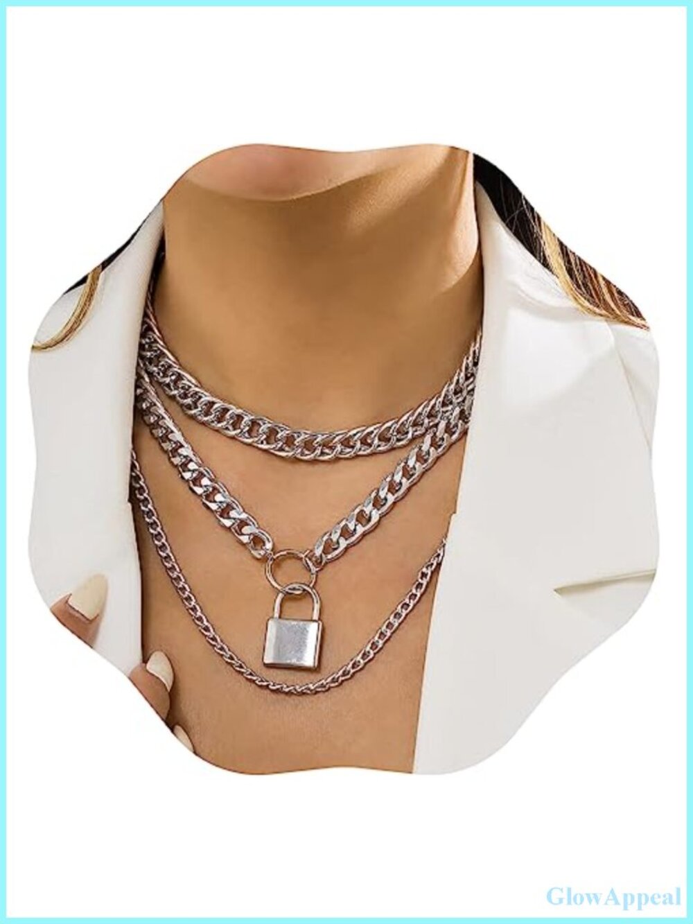 Chunky Cuban Link Layered Choker Necklace Set with Lock Pendant Alloy